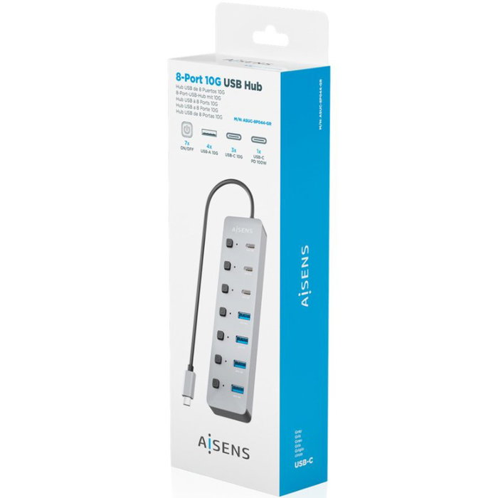Aisens Hub USB 3.2 Gen2 10G USB-C con 8 puertos y PD 3.0 100W, Gris